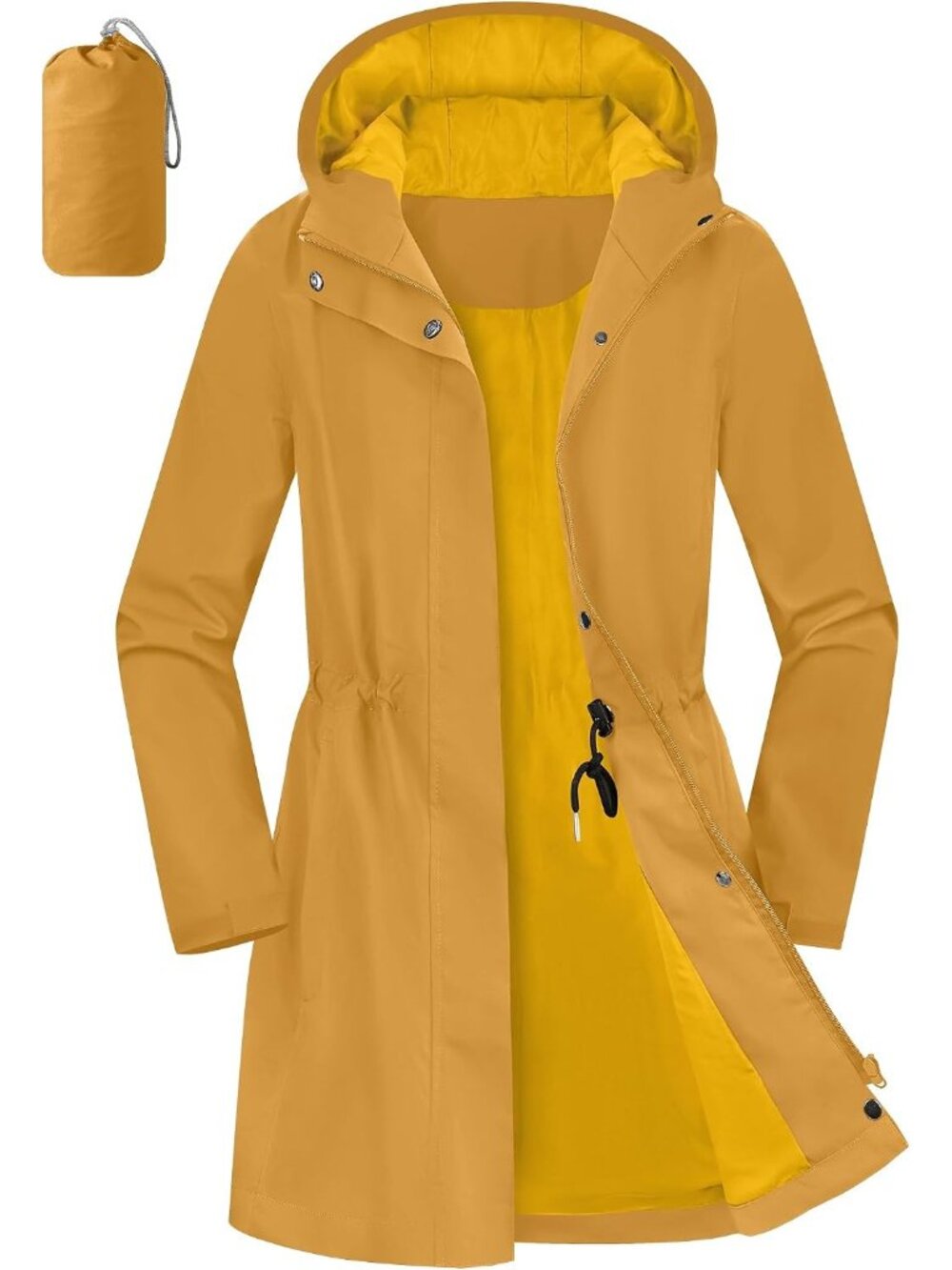 Women's Yellow Hooded Zipper Pockets Drawstring Waist Waterproof Packable Jacket